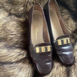 Salvatore Ferragamo Brown Croc-Embossed Flats with Gold Accent